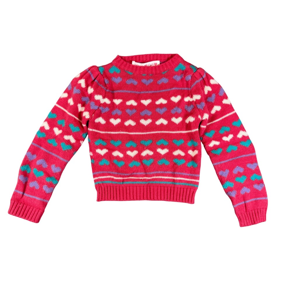 Vintage Gitano Eva Pink Heart Knit Sweater Girls Size 6 Retro Puff Sleeve